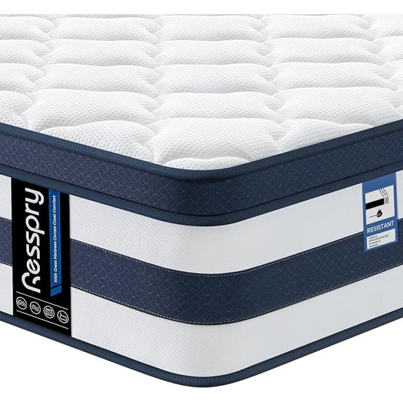 Resspry 4ft Small Double Mattress Memory Foam Sprung Hybrid Mattress 9-Zone Personalised Support for All Sleepers Medium Firm Swollen Collection 100 Nights at Home