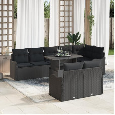 Rantry 9-teiliges Garten-Sofa-Set mit Kissen Schwarz Poly-Rattan, 2-Personen Garten-Sofa mit Kissen Schwarz Poly-Rattan Gartenlounge Model3348489