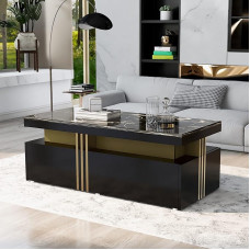 HAINEW Modern Coffee Table with PVC Pattern Top and 2 Wooden Drawers, Rectangular Living Room Table, Side Table for Living Room, 100 x 50 x 40 cm (Black)