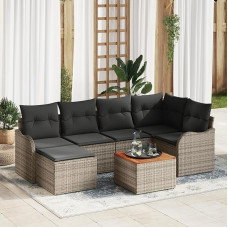 Rantry 7-teiliges Garten Sofa Set mit Kissen Grau Poly Rattan Akazie, 2-Sitzer Garten Sofa mit Kissen Grau Poly Rattan Gartenlounge Model3347475