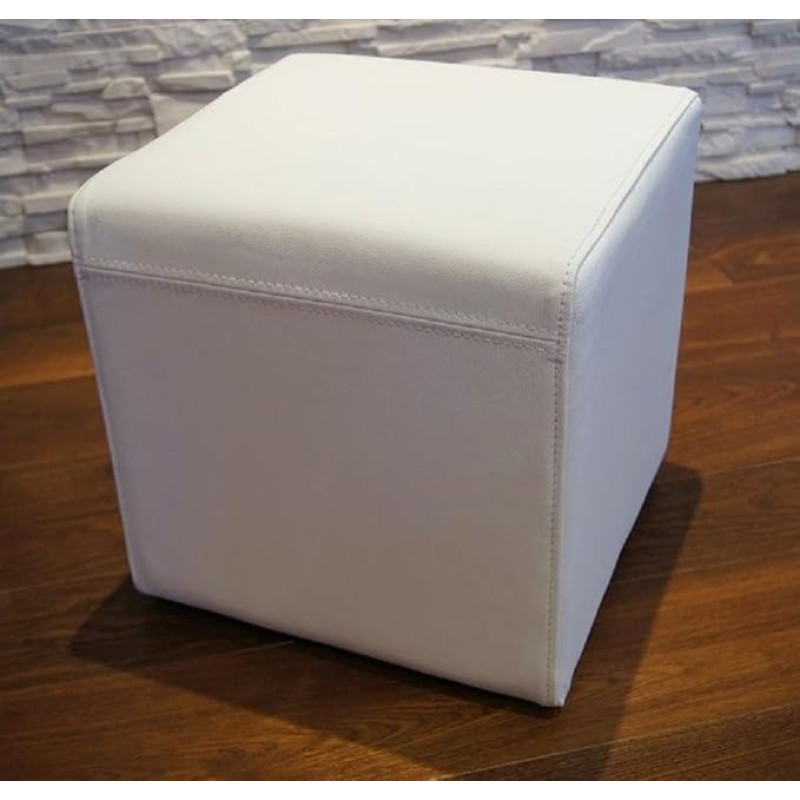 Quattro Meble Real Leather Stool 40 x 40 x 40 cm Cowhide Seat Cube Footstool Upholstered Stool Real Leather Puff White