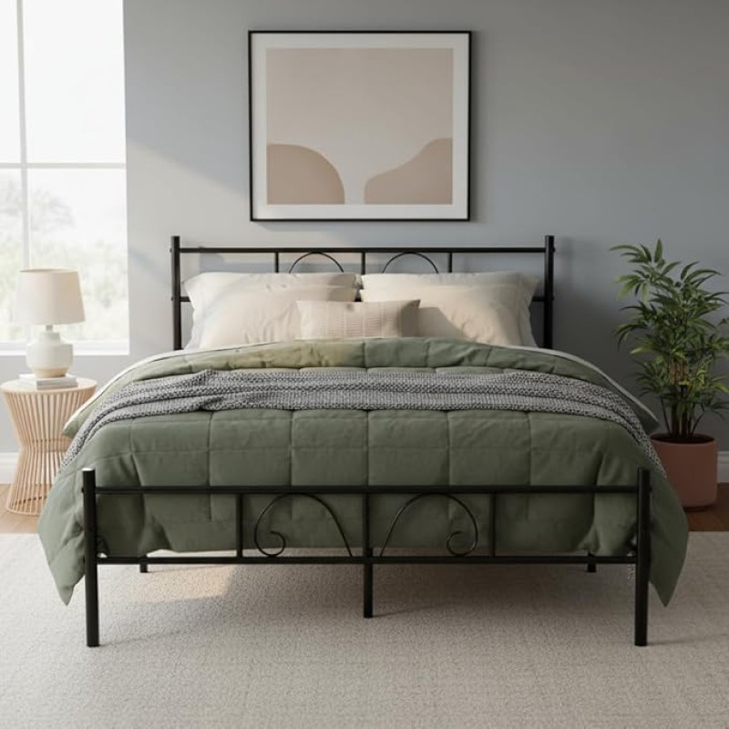 FurnitureR Double Bed Frame with Headboard and Footboard, Metal Platform Bed Frame with Under Bed Storage Suitable for 140 x 190 cm Mattress, Black, 197 x 141 x 80.5 cm