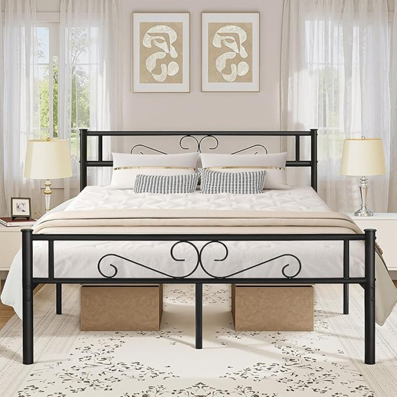 VECELO 4ft x 7ft Double Metal Bed Frame - No Slatted Base - Easy Assembly - Large Slatted Base - Black
