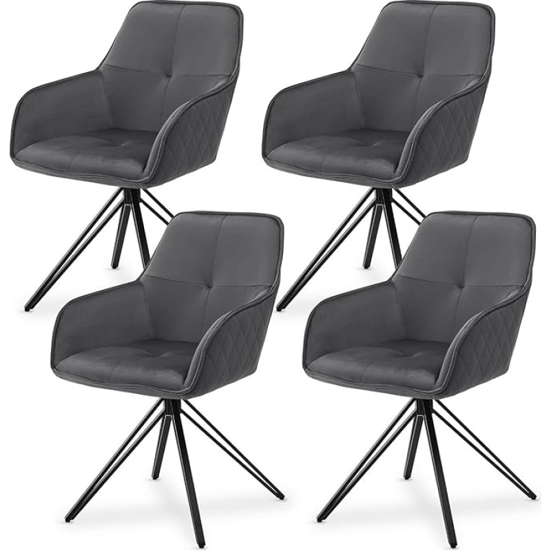 Juskys Clyde Swivel Chairs with Armrests Set of 4 - Dining Room Chairs Modern with Fabric Cover - Upholstered Chair Dining Room - 120 kg Load Capacity - Chair Velvet Dark Grey