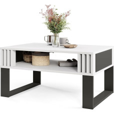 Viosimc Modern Coffee Table with Wooden Decoration Slats, Rectangular Living Room Table with Shelf and Decorative Slats, Elegant Central Table for Living Room in Contemporary Design