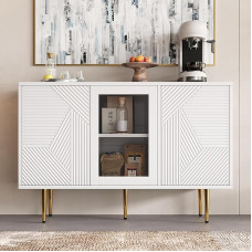 BTM Sideboard with 3 Doors with Metal Feet and Glass Doors White 120 x 38 x 79.5 cm