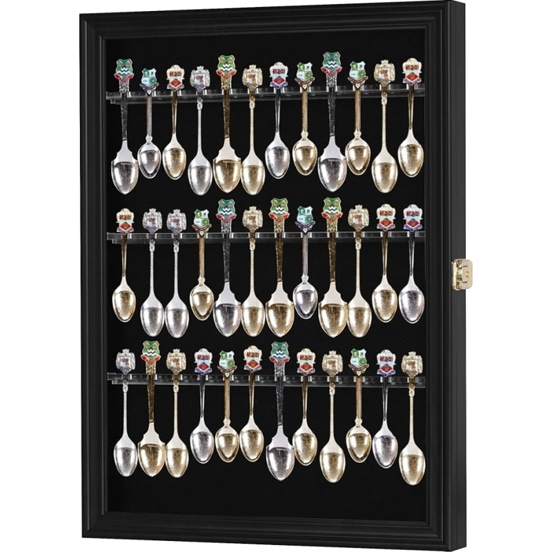 36 Souvenir Display Case Teaspoon Display Cabinet Wall Mounted Cabinet Frame with Lockable Door Black Finish