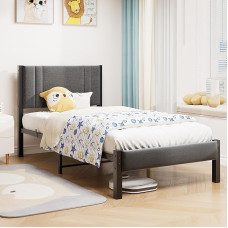 HAHRIR Single Bed Frame Upholstered Platform with Headboard 90x190cm Metal Single Bed Frame with Slatted Support Mattress Base Dark Grey