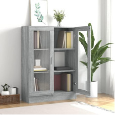 Homgoday Glass Display Cabinet with 3 Compartments, 2 Doors, Display Cabinet for Living Room, Living Room Furniture, Chest of Drawers, Kitchen, Showcase, Wood Technology, Grey, Sonoma, 82.5 x 30.5 x