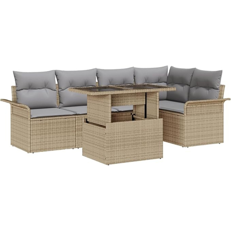 Rantry 6-teiliges Garten-Sofaset mit Kissen Beige Poly-Rattan, 2-Sitzer Garten-Sofa mit Stauraum&Wesen Beige Poly-Rattan Gartenlounge Model3357023