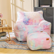 Cvortll Bean Bag Chair, Sherpa Bean Bag and Ottoman Set, Fur Faux Bean Bag with Memory Foam Filling, Lazy Sofa, Comfortable Cozy Bean Bag for Dorm, Apartment, Living Room (Colorful)
