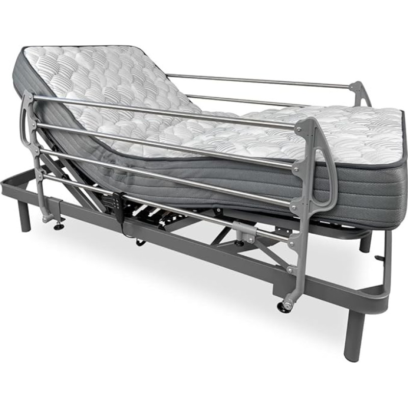 DUÉRMETE ONLINE, 90 x 190 cm Electric Bed Reinforced Ergomax Memory Foam Mattress Dorsaltec + Stainless Steel Railing, Wood, Anthracite Grey