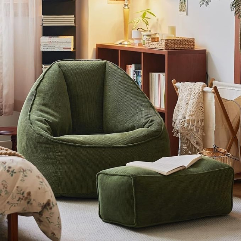 Corduroy Bean Bag Sofa Cover (no filling) for Living Room Bedroom Lazy Sofa Cover for Adults Teens (Green, One Set)