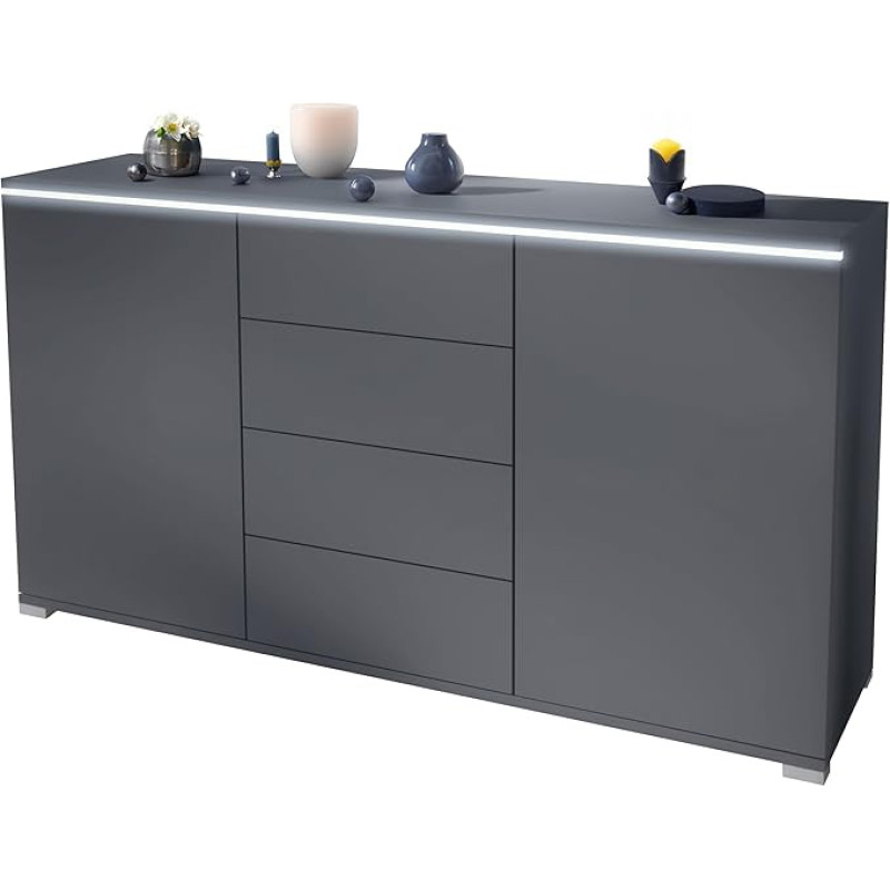 Vladon Faro V1 Sideboard with 2 Doors and 4 Drawers, Cabinet with LED Light Strip, Anthracite Matt/Anthracite Matt (138.5 x 75.5 x 35)