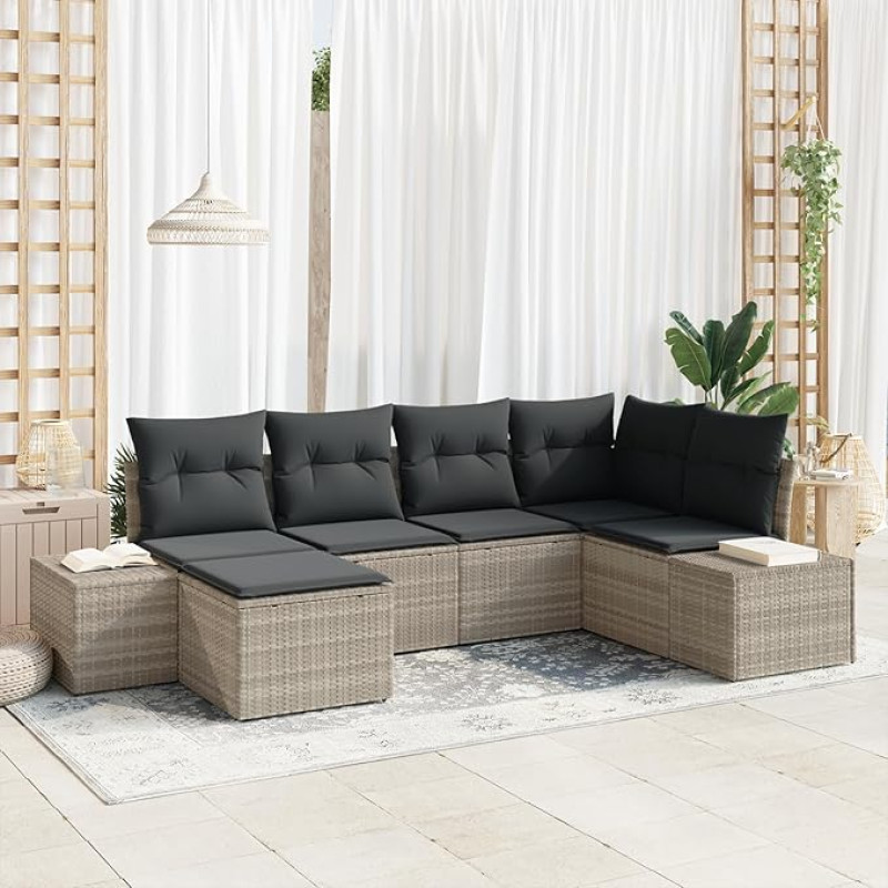 Rantry 6-teilige Garten-Sofa-Garnitur mit Kissen Hellgrau Poly Rattan Gartenlounge Model3355801