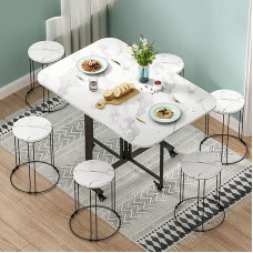 Space-saving folding dining table with lockable wheels, portable and easy to move for small spaces, stylish white design with 6 stools, perfect for dining room, entertainment and