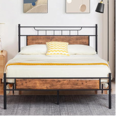 VECELO Retro Bed 140 x 200 cm Metal Bed with Slatted Frame, Double Bed with Thick Wooden Headboard, Guest Bed, Youth Bed, Perfect for Bedroom, Guest Room, Brown
