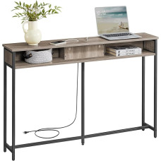 VASAGLE ULNT120K02 Console Table with Outlet and Shelves, Sofa Table with Charging Station, Behind the Skinny Coffee Table, Entrance Table for Hallway, Living Room, Mottled Greige and Ink Black