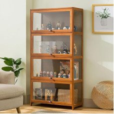 FERFXN Showcase, Curiosity Cabinets with Glass Doors, Glass Display Cabinet, Bamboo Storage Cabinet, Collection Display, Safe and Healthy, 70 x 32 x 140 cm, Brown