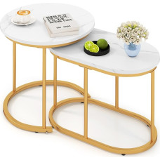 COSTWAY Set of 2 Coffee Tables with Marble Look, Side Table Wood with Gold-Coloured Metal Legs, Coffee Table Set, Modern, Round, Compact, for Living Room and Bedroom, White