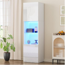 Moimhear High Gloss Display Cabinet with LED Lighting, 1 Glass Shelf, 45 x 35 x 160 cm, Display Cabinet, Freestanding Display Cabinet, Tall Cabinet, Storage Cabinet (White)