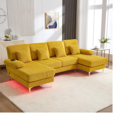 Ligterra Modern U-Sofa with LED Ambient Lighting, Solid Wood Frame, 4 Luxury Cushions & Ergonomic Premium Backrest (Yellow)