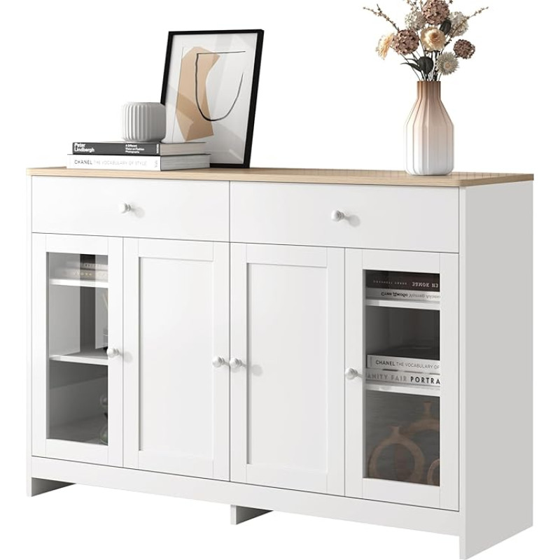 KecDuey Sideboard White Wood Grain Four Doors with Two Drawers Door with Glass Living Room Dining Room Wood Colour and White (White, 120 x 37 x 80cm)