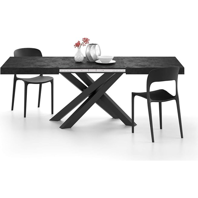 MOBILI FIVER, Emma Extendable Dining Table, 140 (220) x 90 cm, Black Concrete, with Black Crossed Legs, Made In Italy
