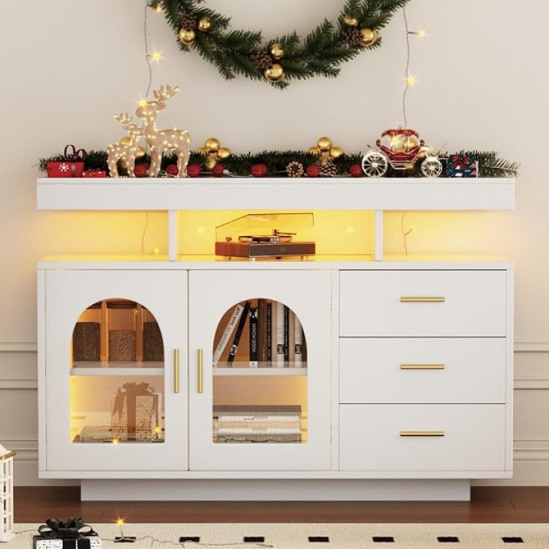 KOMHTOM Sideboard Storage Furniture White LED Furniture Bedroom Modern Living Room Furniture with Three Drawers Dining Room Furniture (White)