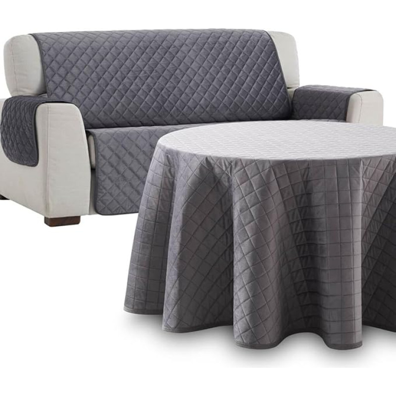 Set mit Rock und Sofabezug, Samt, gesteppt, für den Winter, rund, Größe 110 cm und 2-Sitzer-Sofabezug, Grau, aus Samtstoff und extra weicher Haptik