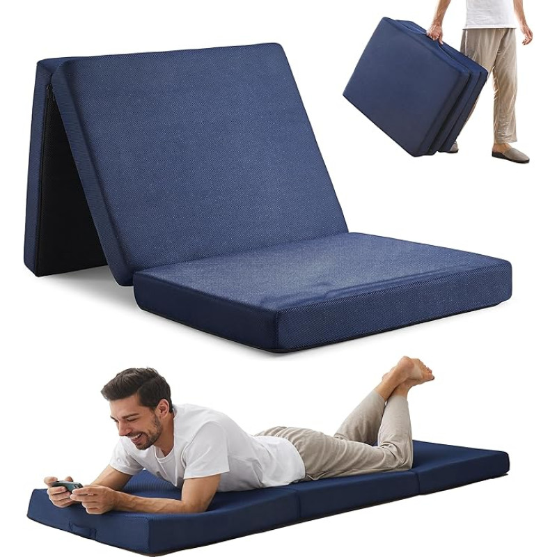 Jamdok 10cm Foldable Memory Foam Sleeping Mat, Tri-Fold Mattress, Machine Washable Cover, Foldable Floor Mattress Topper, Guest Bed for Adults, Camping Mat