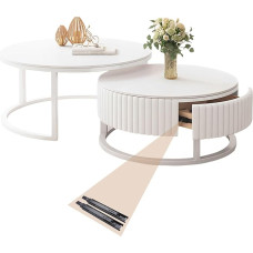 Round Coffee Table White Set of 2 Nesting Tables for Living Room 50 + 70 cm Living Room Table Round Marble Coffee Table with Storage Space Nested Side Table Sturdy Metal Frame Coffee Table with