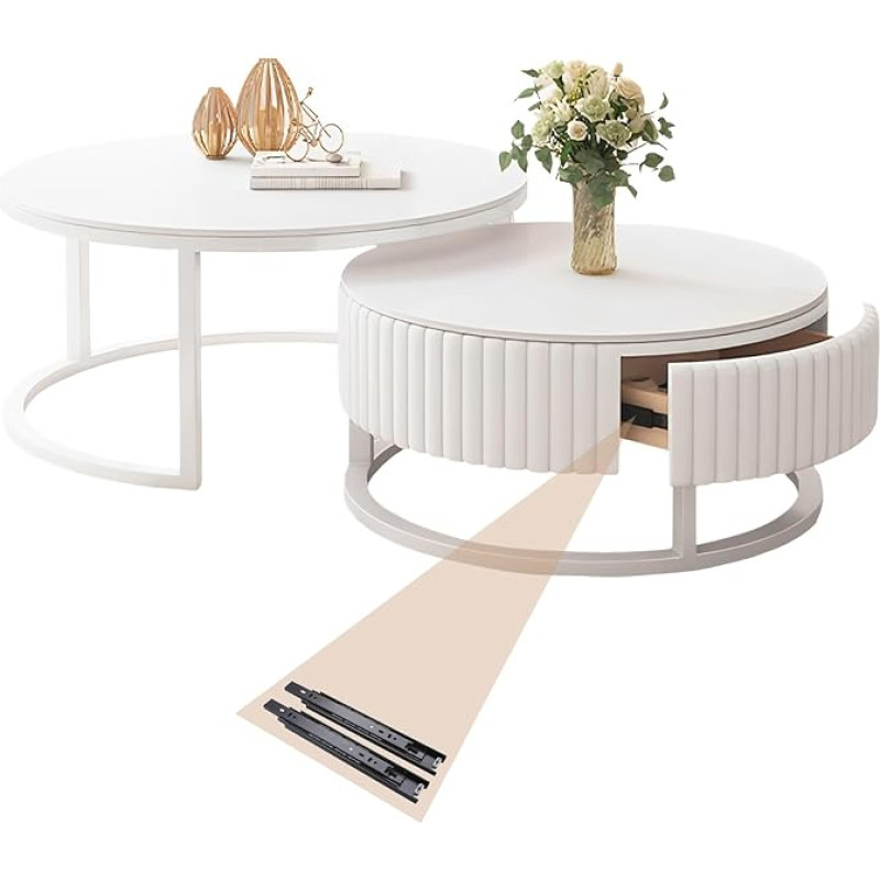 Round Coffee Table White Set of 2 Nesting Tables for Living Room 50 + 70 cm Living Room Table Round Marble Coffee Table with Storage Space Nested Side Table Sturdy Metal Frame Coffee Table with