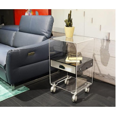 Slato Medea 3 Tier Side Table or Cart with Wheels, with Drawer, Living Room with Wheels, Made of Transparent Acrylic Glass, Modern Design, Made in Italy