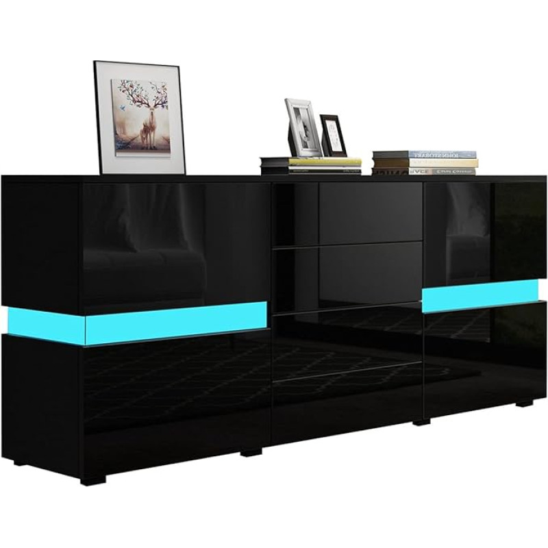 Senvoziii Sideboard Chest of Drawers in High Gloss Black Highboard Sideboard with 2 Doors 4 Drawers and LED Lighting 177 cm