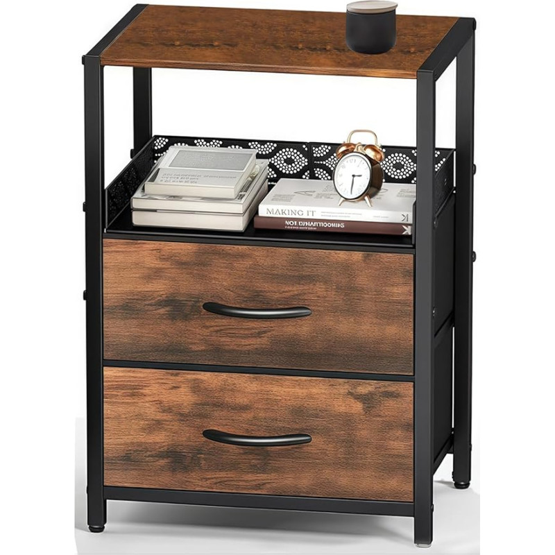Side Table with Fabric Drawer, Small Wooden Side Table, 4-Tier Bedside Table with Mesh Shelf, Sofa Bedside Table for Small Spaces, Chest of Drawers in Living Room, Bedroom, Open Shelf, Sturdy