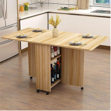 Space-Saving Mobile Folding Dining Table with 6 Wheels Extendable Drop Leaf Design & 2 Open Storage Shelves - Versatile Gateleg Table for Work Study & Dining (Wood Finish)