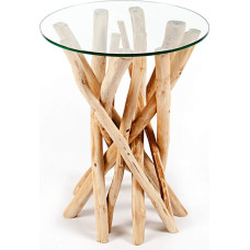 Invicta Interior Design Teak Coffee Table Side Table Driftwood with Glass Top Round Glass Table Living Room Table