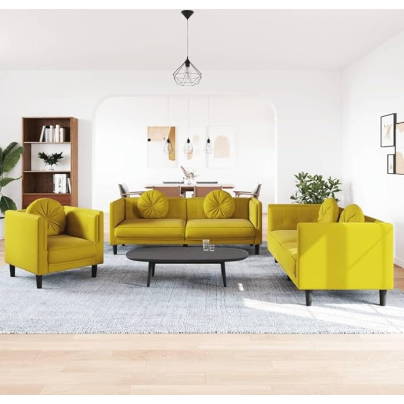 Brokky 3-TLG. Sofagarnitur mit Kissen Sofa Wohnzimmer Sitzgruppe Wohnzimmer Sofa Set Sofas FüR Wohnzimmer Gelb Samt / 3209253