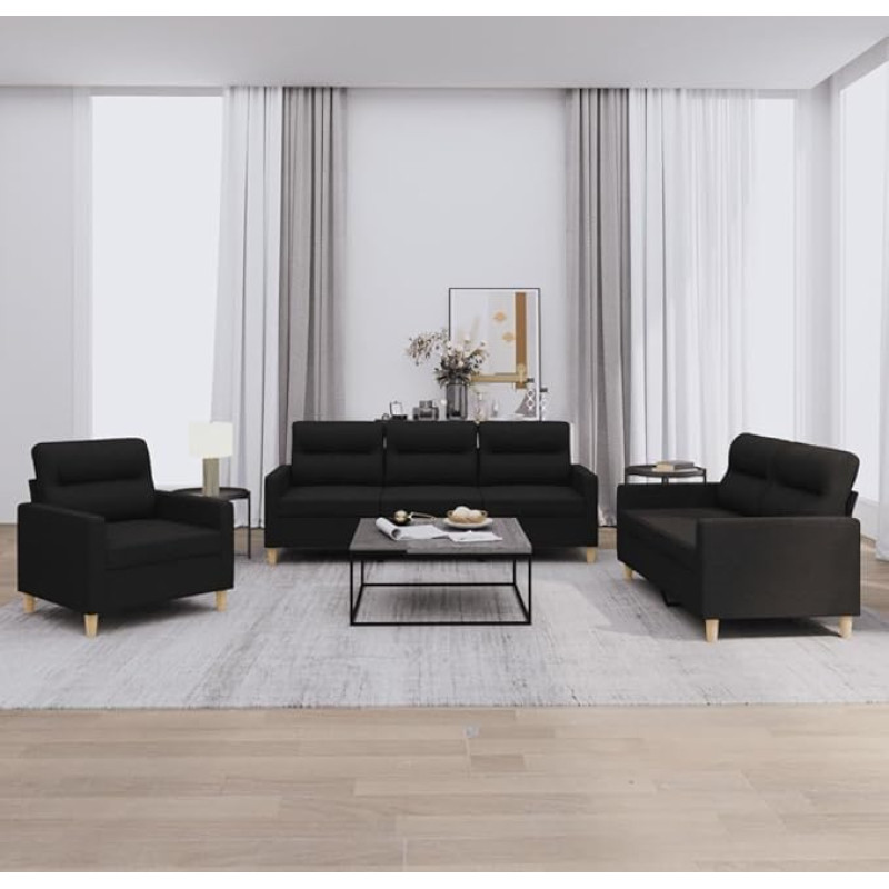 Brokky 3201540 3-Piece Sofa Set with Cushion Sofa Living Room Sofa Set Sofas for Living Room Black Fabric