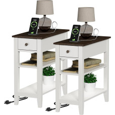 ChooChoo Side Tables for Sofa, Living Room with Charging Station, Slim Bedside Table with USB Ports and Sockets and Hidden Drawer, Set of 2