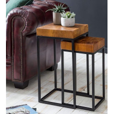 KADIMA DESIGN Slim Design Set of 2 Sheesham Metal Side Tables Small Coffee Table Set 2 Wooden Tables Solid Wood Living Room Table Metal Frame Sofa Table Rosewood Storage Table