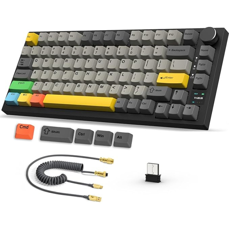 AJAZZ AK820PRO 75% TKL Wireless Mechanical Gaming Keyboard with Spiral USB-C Cable, 2.4G/BT5.1/USB-C Wired, 81 Keys with TFT Colour Display & CNC Button, RGB Lighting, 4000mAh - Black Grey