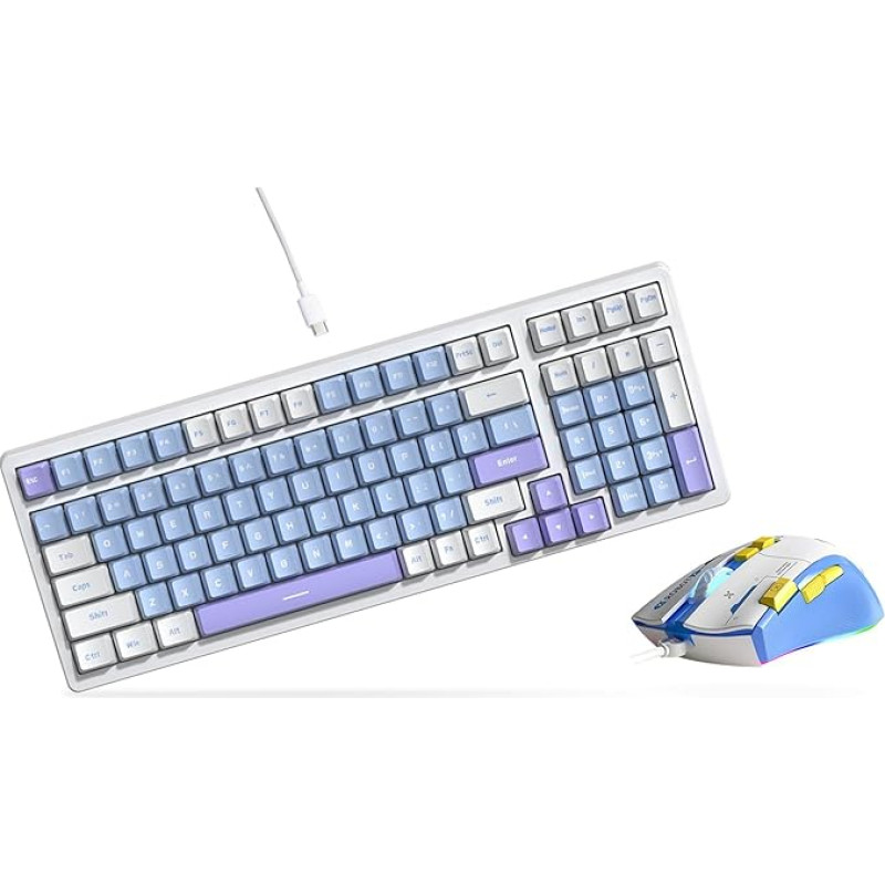 Qisan Gaming Keyboard and Mouse Combo Set, Wired Mechanical Keyboard, Blue LED Backlight, Blue Switch, 100 Keys, US Layout, Wired RGB Gaming Mouse, 7200 DPI