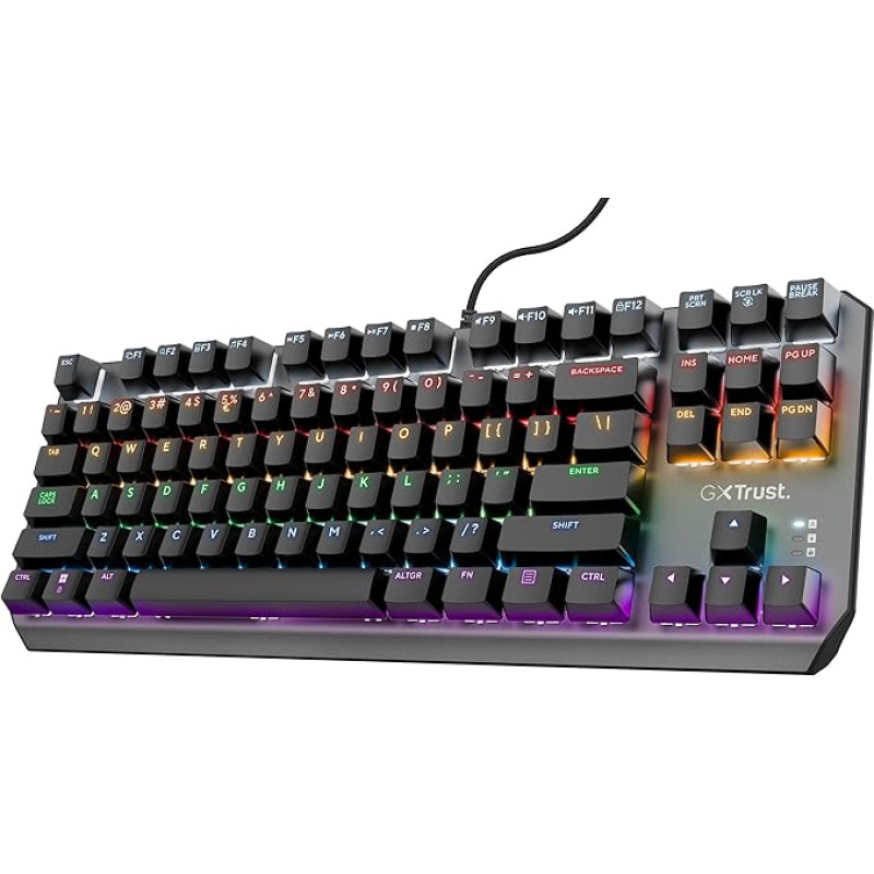Trust Gaming GXT 834 Callaz TKL Mechanical Keyboard, German QWERTZ Layout, Outemu Switch, Multicoloured LED Lighting, 12 Media Keys, USB Gaming Keyboard 80% for PC, Laptop, Mac Black