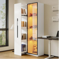 BTM Glass Display Cabinet Standing with LED Lighting, 160 cm High Glass Cabinet with Wheels, Bookcase and Display Cabinet with Tempered Glass Doors, Aluminium Door Frame