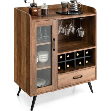 COSTWAY Kitchen Cabinet with Wine Rack and Integrated Glass Holders, Buffet Cabinet, Wooden Sideboard with Drawer & Glass Door, Vintage, 80 x 40 x 95 cm