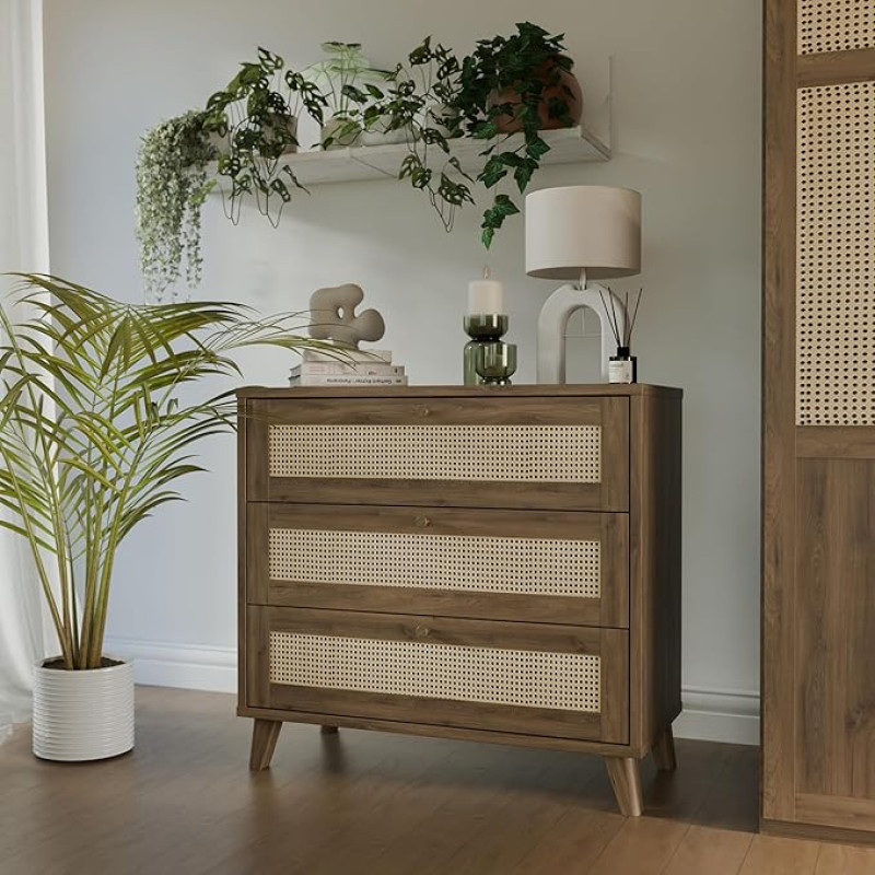 Forte GLENKEEN Chest of Drawers 90, Boho Style Chest of Drawers with Rattan Weave, 3 Drawers, Wood Material, Valencia Oak Wood Decoration, Natural Rattan, 89.8 cm Wide x 84 cm High x 42 cm Deep