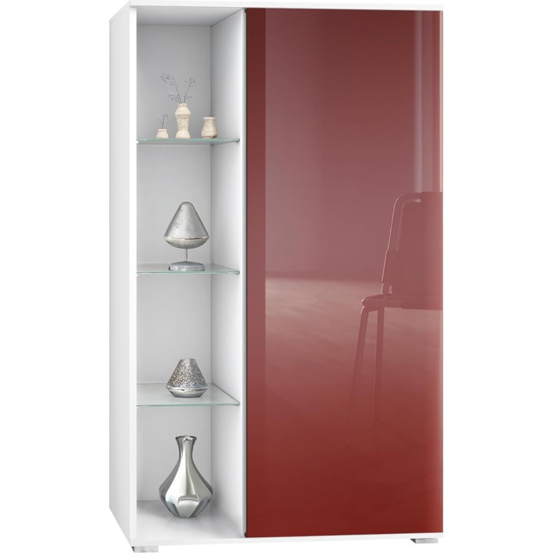 Vladon Davos Display Cabinet Made in Germany, Standing Display Cabinet with 3 Glass Shelves and 8 Compartments, Matte White / Bordeaux High Gloss (71.5 x 134 x 35 cm)