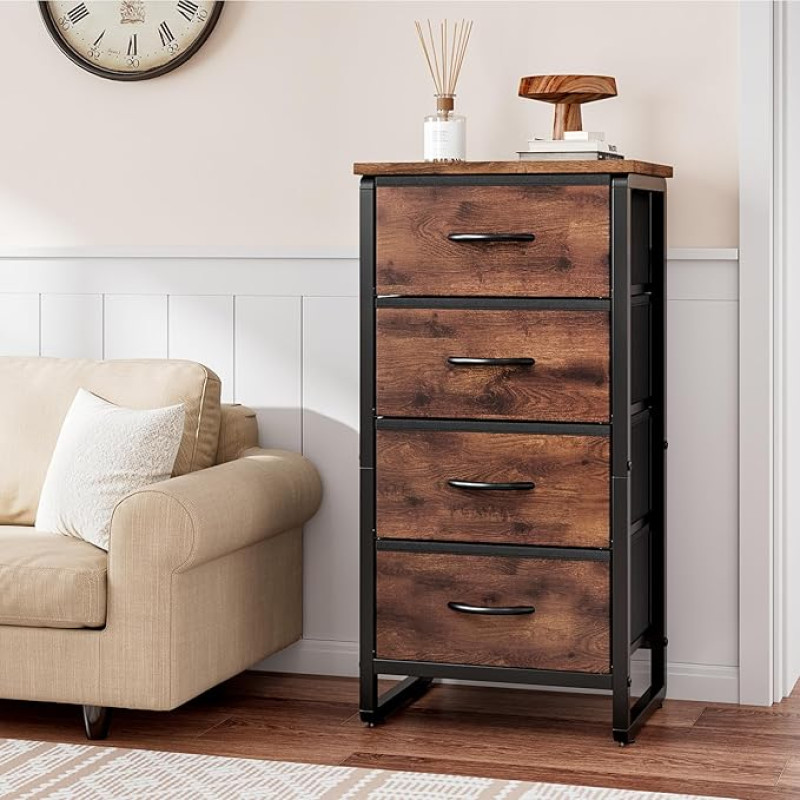 Forthcan Chest of Drawers, 4 Fabric Drawers with Handles, Bedroom Drawers, Storage Organiser for Bedroom, Living Room, Dresser, Wooden Top and Metal Frame (Brown)